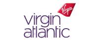 Virgin Atlantic logo with virgin atlantic written in purple lowercase letters and a red, triangular Virgin emblem in the top right corner.